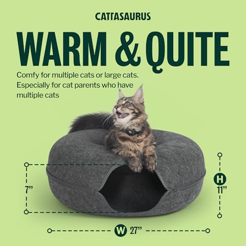 Image of Cattasaurus Peekaboo Cat Cave Donut for Multiple & Large Cats up to 30-45 lbs, 3-in-1 Self Warming Cat Bed, Tunnel & Scratcher for Indoor Cats, Washable & Detachable Small Dog Bed (Dark Gray, Jumbo)