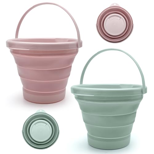 TNSLAND 2 Piezas Cubo Plegable Silicona, 5 litros Barreño Plegable Cubo Playa Plegable, Cubo Fregona Plegable, Palangana Plegable para Casa Playa Camping Pesca Viajes, Azul, Rosa
