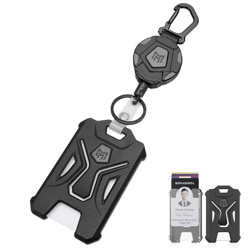 MNGARISTA Retractable Badge Holder, Heavy Duty Carabiner Keychain, Tactical ID Card Holder with 31.5' Retractable Badge Reel, Black