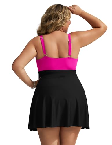 Hanna Nikole Damen dezenter Große Größen einteiliger Bademode v Ausschnitt Brustknoten Push Up Badeanzug Verstellbarer Schultergurt A-Linie Badekleid high Waist Elegant Schwimmanzug 2