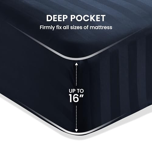 Image of SLEEP ZONE Striped Cooling Twin Sheets Set for Kids - Fitted Flat Sheet & Pillowcase Sets 3 Piece - Super Soft Stripe Bed Sheet, Easy Care, Deep Pocket (Navy Blue, Twin)
