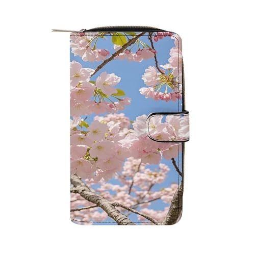 Cherry Blossom Leather Wallet Long Checkbook Wallets Classic Bifold Ladies Clutch with ID Window