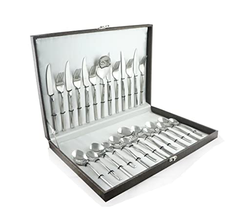 Image of FnS Yearn 18 /10 Stainless Steel 26 Pc Cutlery Set, Box Packaging, 6 Dinner Spoons, 6 Forks, 6 Knives, 6 Teaspoons, 2 Serving Spoons, Rust-Proof, Dishwasher Safe, Service for 6