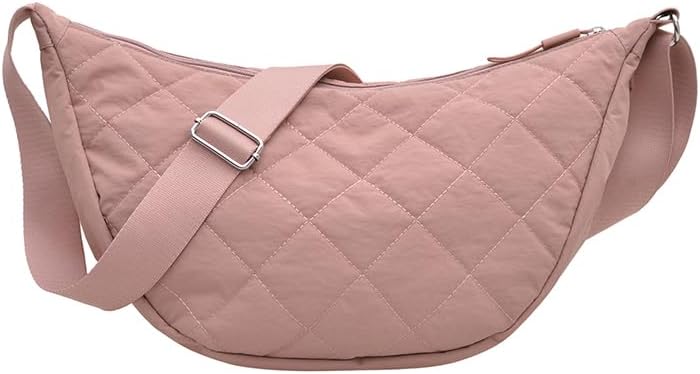 – Quilted Nylon Crossbody Bag Solid Color Shoulder Bag Hobo Bag Light Crescent Bag Purse for Travel Sports Hiking