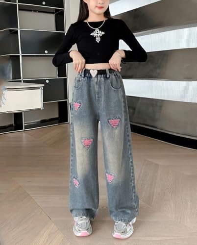 Kids Girls Baggy Jeans Elastic Waist Wide Leg Ripped Heart Jeans Casual Loose Denim Pants Kids Clothes4