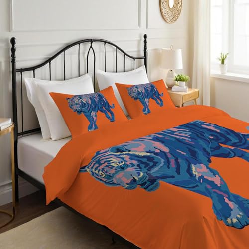 Housse de Couette 220x240cm Parure de Lit 3 Pièces Rayé Rétro Tigre