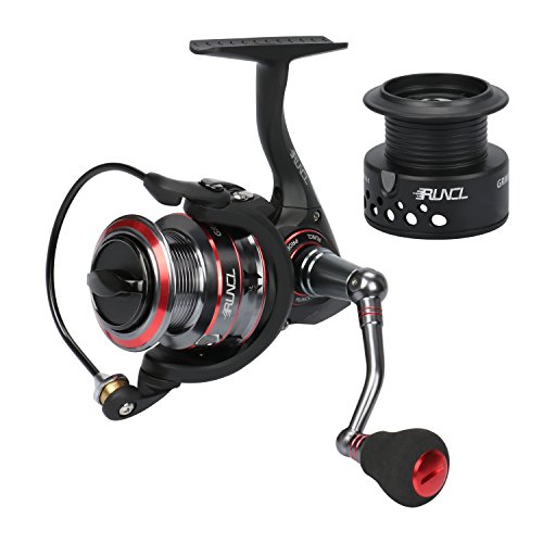 RUNCL Spinning Reel Grim II, Fishing Reel with Spare Spool, Smooth Spinning Fishing Reel 10+1 Stainless Steel Shielded BB Oversized EVA Knob for Freshwater Saltwater Fishing (Black, 2000)