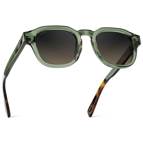WMP Eyewear – Men’s Square Polarized Sunglasses: Thick Acetate Frame, Bold Geometric Shape, 5-Barrel Hinges, Retro 60s Design (Crystal Agave Green/Grey Brown Gradient Lens)