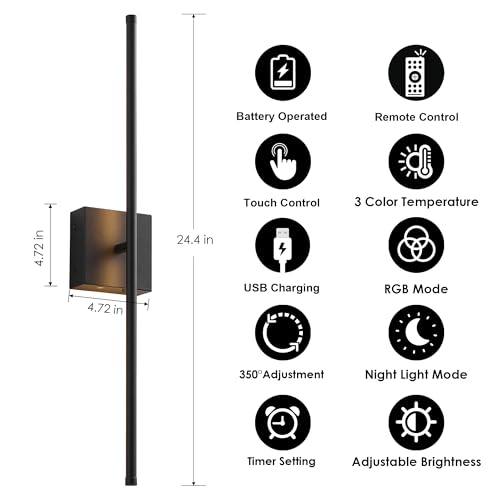 Image of KARTOOSH 24.4 Inch Battery Operated Wall Sconces Wireless Set of 2, Black | RGB Wall Lamps, 3 Color Temps, Remote Control, Dimmable Rotatable, LED Wall Lights for Living Room Bedroom
