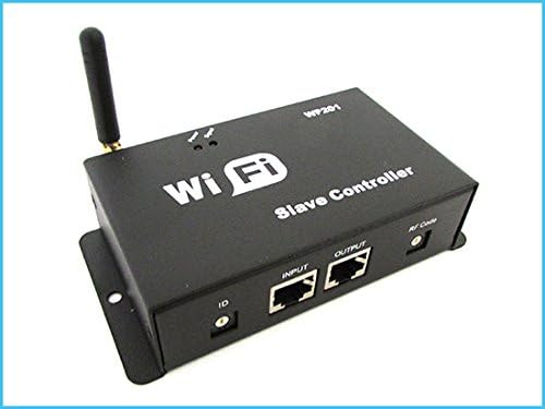 Davant view of LEDLUX WF201 Slave Repeater showing INPUT and OUTPUT RJ45 ports, ID and RF Code dials.
