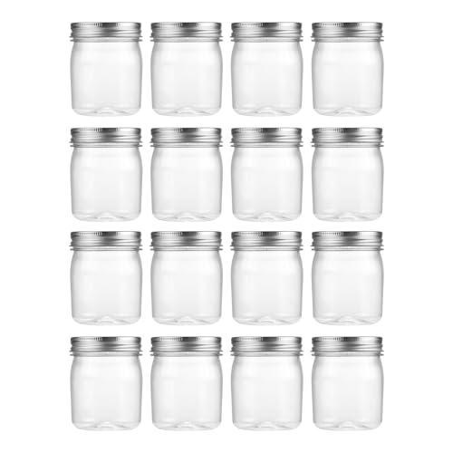 novelinks 8 oz Clear Plastic Jars with Airtight Lids, 16 Pack Plastic Mason Jars with Lids 8oz, Refillable Storage Slime Containers & Small Spice Jar for Kitchen Organization (16 Pack,Silver)