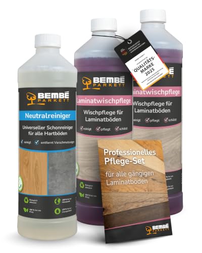 Bembé Pflegeset für Laminatböden I 2 Liter Laminatwischpflege + 1 Liter Neutralreiniger I Laminatpflege & Bodenreiniger zum Wischen I Streifenfrei, wasserabweisend & gleithemmend
