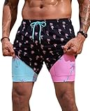 ERECT PEAK Mens Fashion Swim Shorts Comfortable Spring Board Shorts 5'' 6 Inch Inseam Bathing Beach Vacation UPF 50+ Pockets Print Dry Fit Compression Liner Drawstring Trunk Pink Coconut M