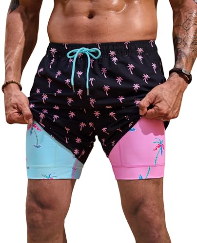 ERECT PEAK Mens Fashion Swim Shorts Comfortable Spring Board Shorts 5'' 6 Inch Inseam Bathing Beach Vacation UPF 50+ Pockets Print Dry Fit Compression Liner Drawstring Trunk Pink Coconut M