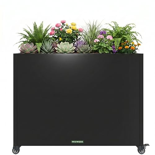 WIZWERK Metal Planter Box with Wheels 36 Large Rolling Outdoor Planter with Drainage & Removable Shelf Rectangular Planter Raised Garden Bed for Patio Balcony Porch & Backyard Black