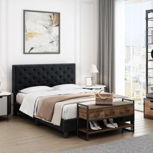 Image of Julius Upholstered Bed Queen Size Without Storage Solid Sheesham Wood | Modern Premium Fabric Upholstery Cushion Headboard | Queen Bed for Bedroom Wooden Double Bed Cot 78x60 Inch Queen