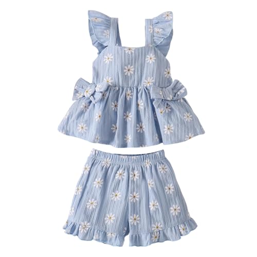UUAISSO Ropa Verano Para Niña Linda Blusa con Volantes y Margaritas Pantalones Cortos Conjunto de Conjuntos Para Niña Pequeña Azul cielo 2 3 años