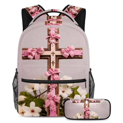 Sac d'école pour garçons et filles avec trousse à crayons rose de Pâques