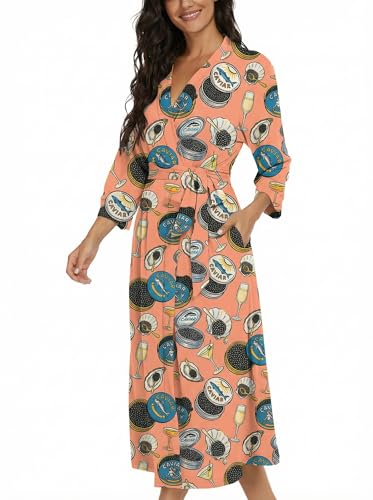 Image of VINTATRE Robes for Women Long Knit Bathrobe XS-4XL | 3 /4 Sleeve Bathrobes with Pockets, Stretchy and Lightweight Fabric, Inner Tie and Fixed Outer Matching Belt, Mid Calf Length