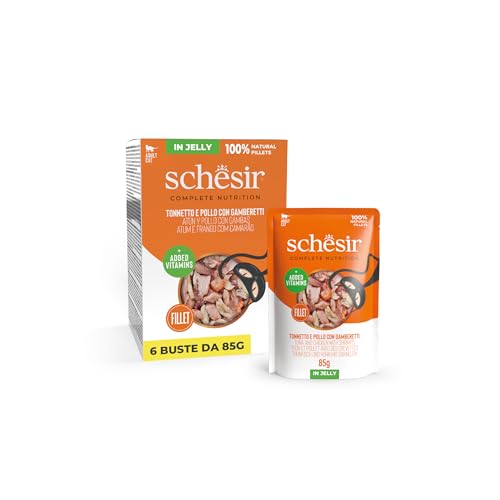 Schesir, Atún y Pollo con Gambas en Gelatina, Alimento Húmedo Completo para Gatos, en sobre, Ingredientes 100% Naturales, Cruelty Free, 6 x 85g