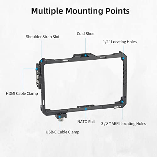 Nitze Cage for Feelworld F7 PRO Monitor with Nylon Sunhood, with HDMI and USB-C Cable Clamp - JT-F03B, Black - Image 2