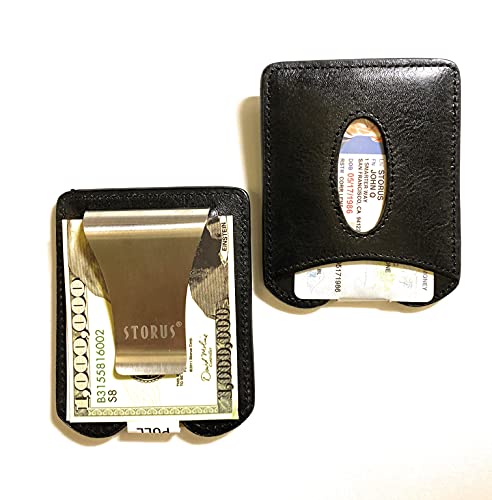 Storus Smart Money Clip Leather, Stainless Steel Money Clip + Leather Wallet, Minimalist RFID Black Italian Leather, for Men, Women, Gift 1pc4