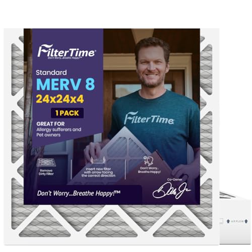FilterTime 24x24x4 AC Furnace Air Filter MERV 8 1-Pack (exact dimensions 23.5 x 23.5 x 3.75) AC Filter Furnace Filter Home Air Filter Made in USA.