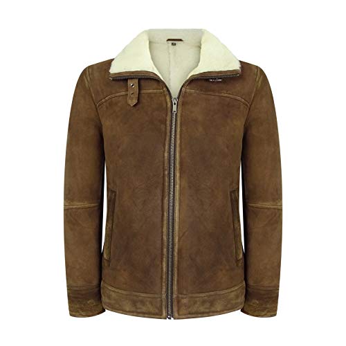Infinity Leather Mens Real Sherling Sheepskin Suede Jacket Brown Tan Vintage Zip Flying Pilot WW2