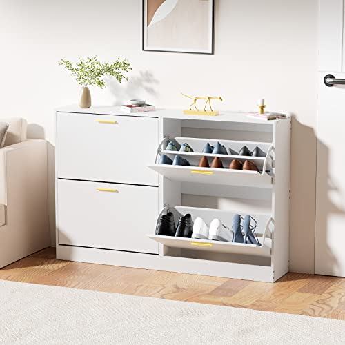 JOZZBY Shoe Cabinet for Entryway, Narrow White Shoe Storage Cabinet with 2 Flip Drawers, Wooden Hidden Shoe Rack Organizer with 2 Tier Freestanding for Hallway, Living Room, Set of 2