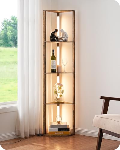 EDISHINE Lampara de Pie con Estantes, Lampara Salon regulable de 4 capas de madera, Postes Giratorios 360°, Temperatura de 3 Colores, Lámparas de pie esquina, Decoracion Hogar Vintage