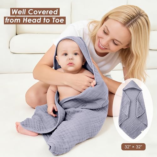 Image of Ease Cubs 3-Pack Muslin Hooded Baby Towels, 100% Cotton, Ultra-Soft & Absorbent Baby Bath Towels with Hood for Babies, Infant, Toddler and Newbron (Grey, Green and Slate,32 inch x 32 inch)