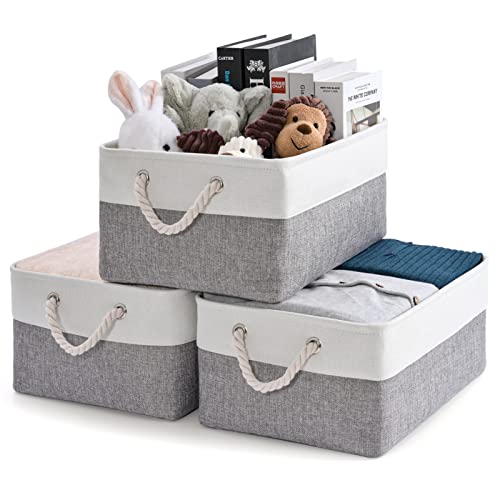 Kriovoa 3 Pcs Fabric Storage Baskets, Foldable Storage Baskets with Handles, Canvas Storage Boxes for Shelves, Toys, Clothes, Books 40x30x21cm, White and Grey.