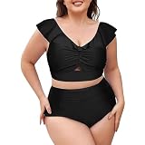 Nidddiv Vestidos de baño para mujer con pantalones cortos, bikinis de talla grande, dos trajes de baño con volantes y cuello en V, traje de baño con parte inferior para adolescentes, BK1., M