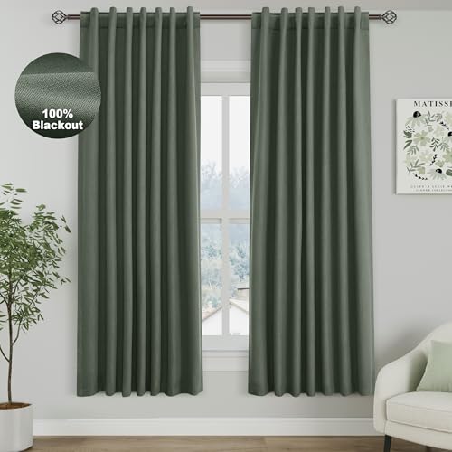 Image of Olive Green 100% Blackout Linen Curtains for Bedroom 72 Inches Long Back Tab Thermal Insulated Modern Farmhouse Decor Black Out Curtain for Living Room Dining Room Rod Pocket Drapes 52x72, 2 Panels