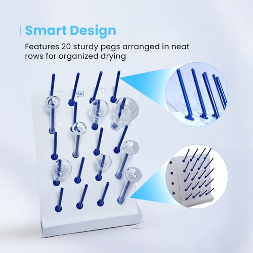 Image of Laboratory Drying Rack 20 Pegs Collection Tray which Collects All The Waste Water /for Lab White Base with Blue Polypropylene Pegs Pack of 1
