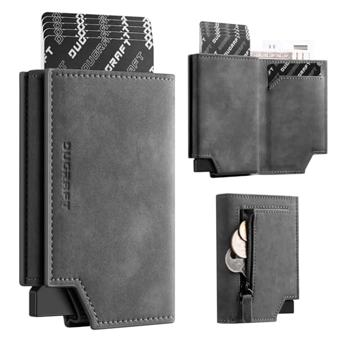 Image of DUGRAFT Bifold Pop Up Wallet for Men, Slim Leather Credit Card Holder with Zipper Minimalist Women Magnetic Cash Coins Pocket Wallets RFID Blocking, Grey, Minimalist
