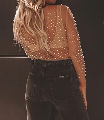 Women's Sheer Mesh Pearl Crop Top Shiny Rhinestone Long Sleeve Cover Up Blouses3