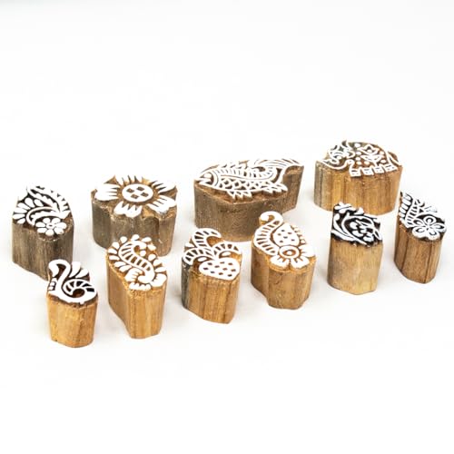 Image of Wooden Stamp Block, Printing Stamp Design Set | Block for Printing Saree Border | Dresses, Craft Card Making, Scrapbook, Clay Pottery | Set of 10