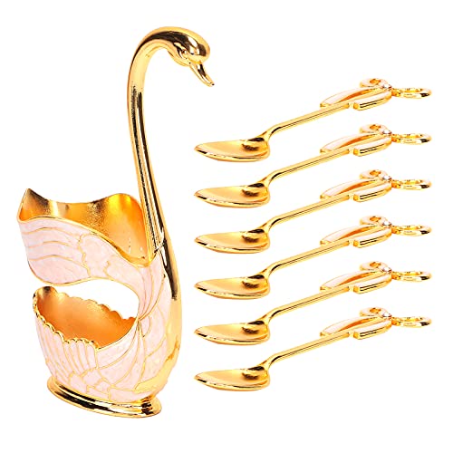 Tableware Set,Coffee Fruit Dessert SpoonHousehold Tableware with Swan Holder Decoration (golden white + spoon)