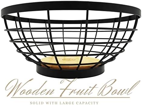 Large Wooden Fruit Bowl for Kitchen Countertop & Dining Room, Decorative Wooden Wire Basket for Living Room- ShinYik Japanese Zakka Style with Bamboo Wood and Rust Resistance Black Iron