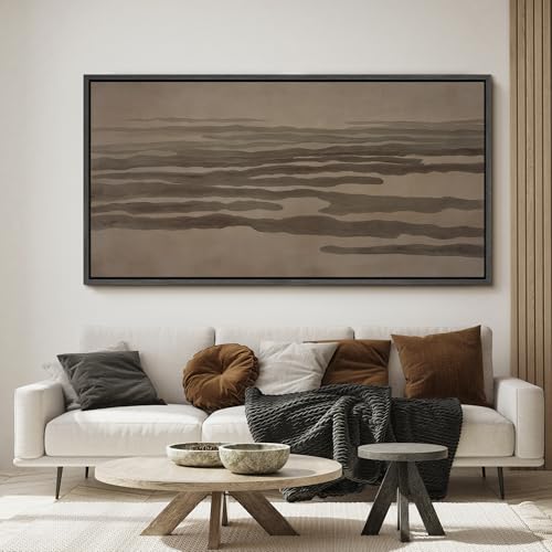 Image of MUDECOR Extra Large Framed Canvas Print Wall Art Neutral Abstract Earth Tone Horizontal Flow Antique Retro Ready to Hang Painting for Living Room Bedroom Multi-Sizes - 60 inchx30 inch