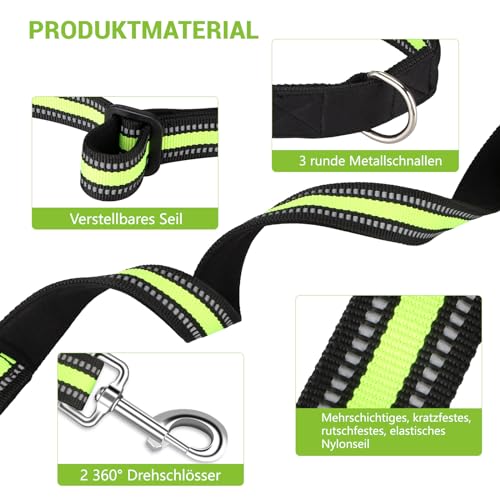 Hundeleine für große und mittelgroße Hunde - Verstellbare Doppelleine aus Nylon mit 2 Karabinerhaken und 3 Ringen - 3m x 15mm (Fluoreszierendes Grün)