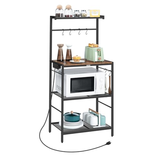 MAHANCRIS Bakers Rack with Charging Station, 4-Tier Microwave Stand, Storage Shelves with 6 S-Shaped Hooks, Practical Coffee Bar, for Kitchen, Dining Room, Rustic Brown BRHR35E01