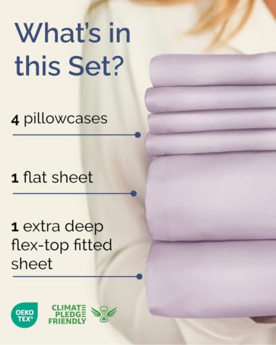 Image of Flex Top Split Head King 6 Piece Piece Sheet Set - Comfy Breathable & Cooling - Soft Hotel Luxury Bedding Set with 8-16 Inch Deep Pockets - 1 Flat & 1 Fitted Sheet & Pillowcases - Light Lavender