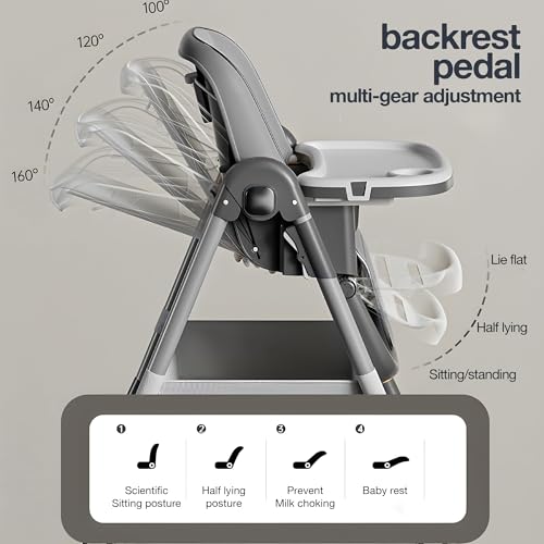 Image of Baybee 3 in 1 Baby High Chair for Kids, Baby Feeding Chair with 8 Height Adjustable, Footrest, Tray, 160 Recline, 5 Point Safety Belt & Wheels | Kids High Chair for Baby 0 Months to 6 Years