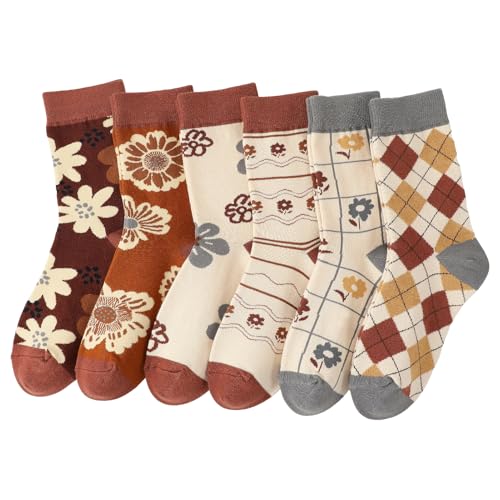 scenicamp 5 Pairs Women Fall Aesthetic Crew Socks Casual Vintage Floral Cotton Socks for Women Exquisite Patterns Sock Gifts