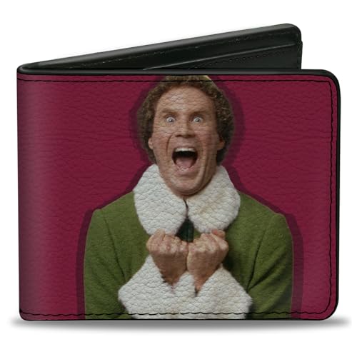 Buckle-Down Men's Holiday Movies Wallet, Bifold, Elf Buddy Screaming Pose with Muggins Quote, Vegan Leather, 4.0