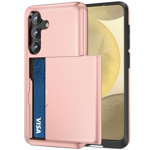 Jiunai for Samsung S25 S24 Case with Card Holder Wallet Pocket Credit Card License IDs Dual Layer Protective Rugged Shell TPU Edge Slide Wallet Phone Case for Samsung Galaxy S24 S25 6.2'' Rose Gold