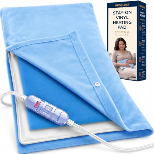 Boncare Stay-On Small Vinyl Electric Heating Pad for Neck and Shoulders and Back Without Auto-Off Low & High Heat Levels Waterproof Hot Heat Pad with Washable Cover (11.5x13.5 1-Pack)