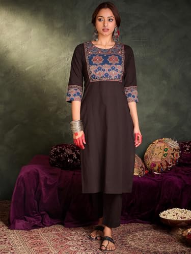 Image of INDO ERA Women's Straight Pure Cotton Floral Self Design Kurta & Pant With Dupatta Set | Kurta Sets For Woman